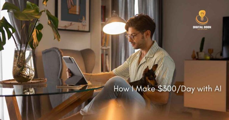 man working on his laptop with his dog